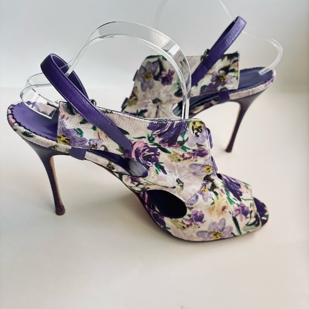 Manolo Blahnik Floral Cotton Slingback Purple Heels Sandals Shoe Size 11.5 - Picture 3 of 15